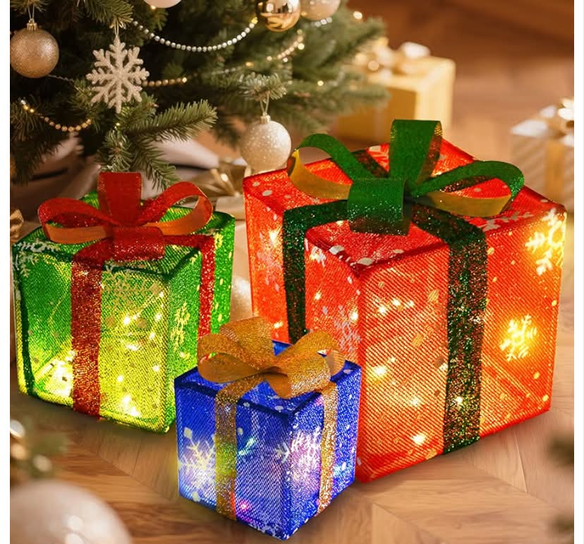 Set of 3 Christmas Lighted Gift Boxes 60 LED,Day Decorations Outdoor Indoor and Christmas Tree Decorations, Warm Light