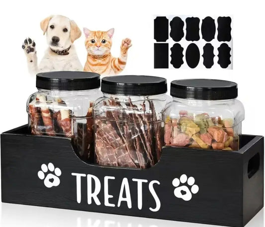 A Set of Pet Treat Containers with 3 Airtight Plastic Jars - No Electricity Required, for Dog and Cat Food Storage -