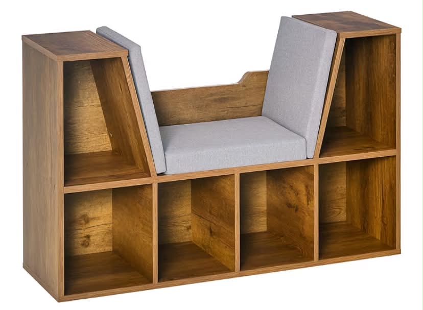Bookcase Storage Shelf with Cushioned Reading Seat, Cube Bookshelf Organizer for Bedroom Living Room, Rustic Brown