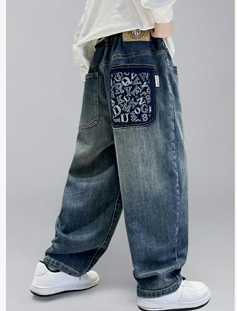 Boys Baggy Jeans Y2K Vintage Cargo Trousers Children's Spring Wide Leg Streetwear Hip Hop Trouser Casual Straight Bootcut Jean Denim Pants with Pockets for Kid Fit Teenager Boys Cargo Pants