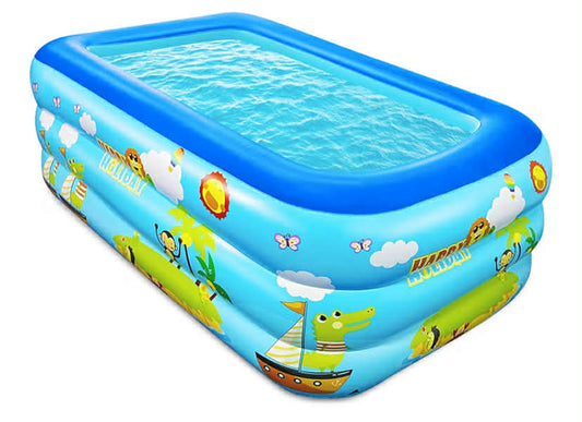 Paddling Pool for Kids, 150cm Rectangle Inflatable Baby Pool 3-Ring with Soft Floor for Garden Backyard Outdoor Children