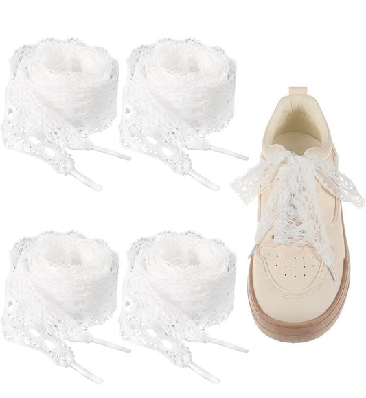 2 Pairs Lace Shoelaces for Women, Flat Fancy Elastic Shoe Laces, Ribbon Shoe Laces White, 3CM Wide, 47 Inch