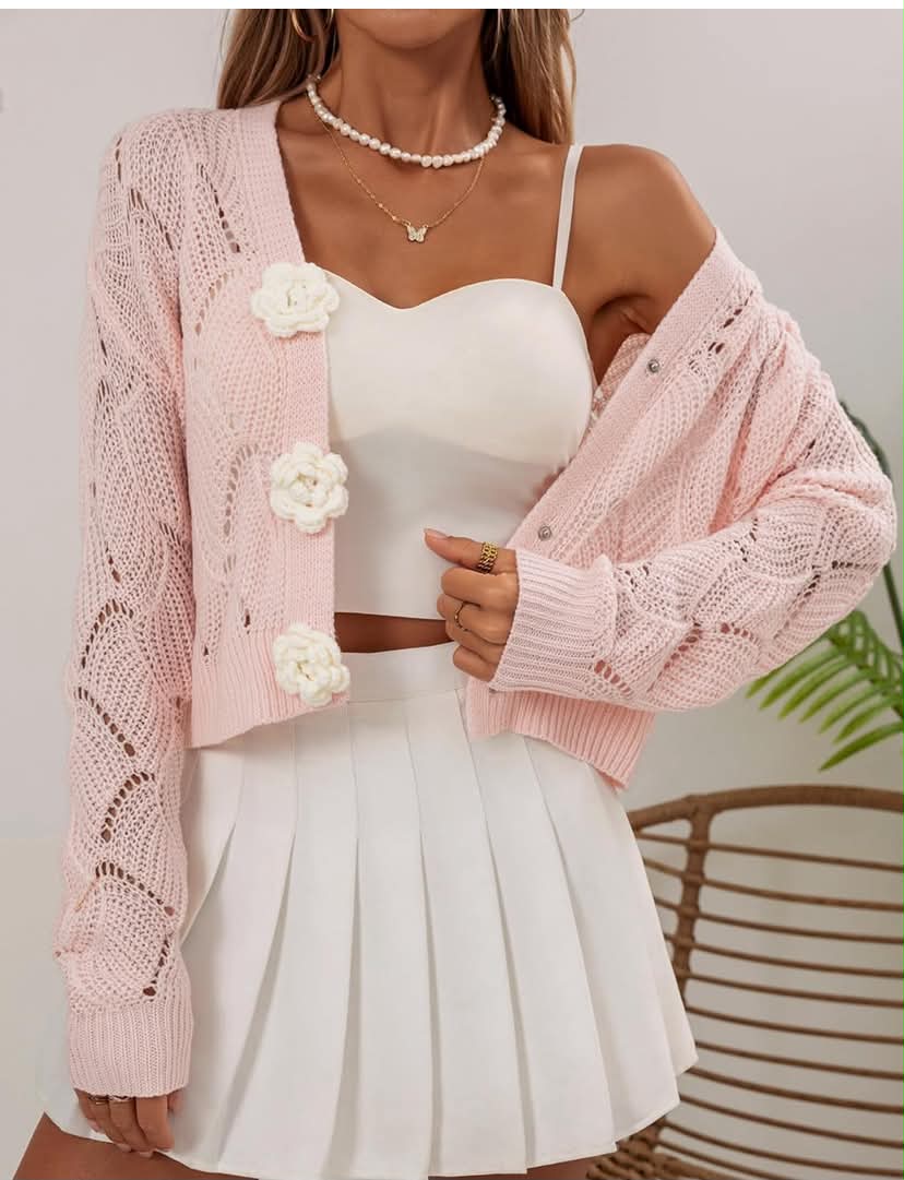 Women's Knitted V-Neck Cardigan Long Sleeved Hollow Flower Button Cardigan Elegant Spring and Summer Style