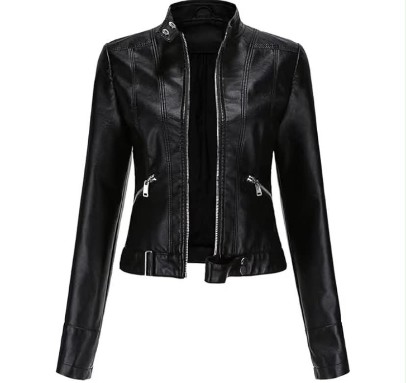 Women Classic Faux Leather PU Moto Biker Jacket Short Slim Fit Casual Zip Up Coat