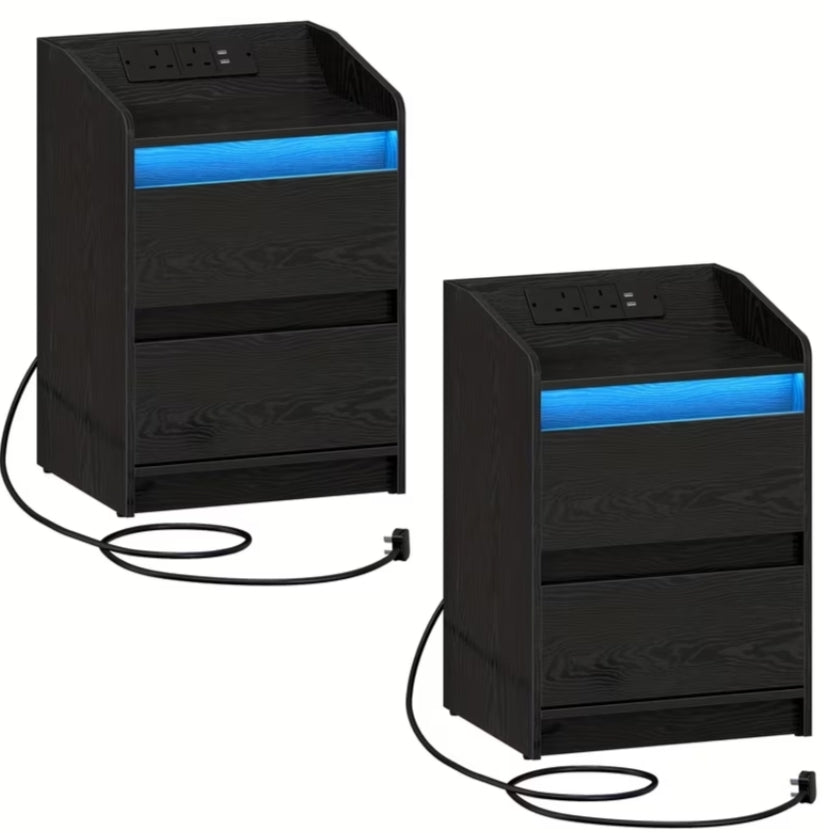 Bedside Tables with LED Lights, Charging Station And 2 Drawers, Side Table with USB Ports And Electrical Outlets,