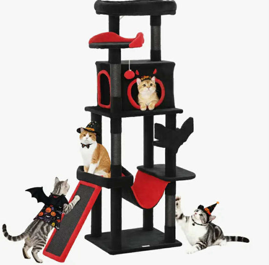 Gothic Cat Tree, 152 cm Multi-Level Cat Tower for Indoor Large Kittens with 1 Coffin Bed, 1 Hammock, 1 Condo, 2 Perches, Sisal Scratching Posts, 1 Scratching Ramp, Toy Ball, Black, Halloween
