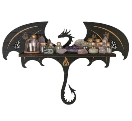 Wooden Wall-Mounted Display Rack in The Shape of a Dragon, Designed with a Gothic And Witchy Aesthetic