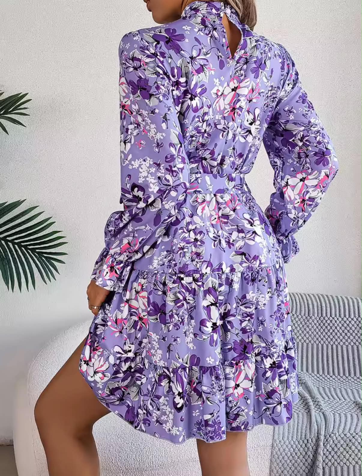 Elegant Mock Neck Belted Ruffle Hem