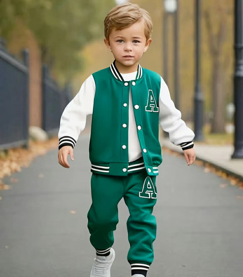 European And American Boys' Autumn And Winter Baseball Jacket with Letter A Print + Letter A Print Long Pants Two-Piece Set, for Outdoor