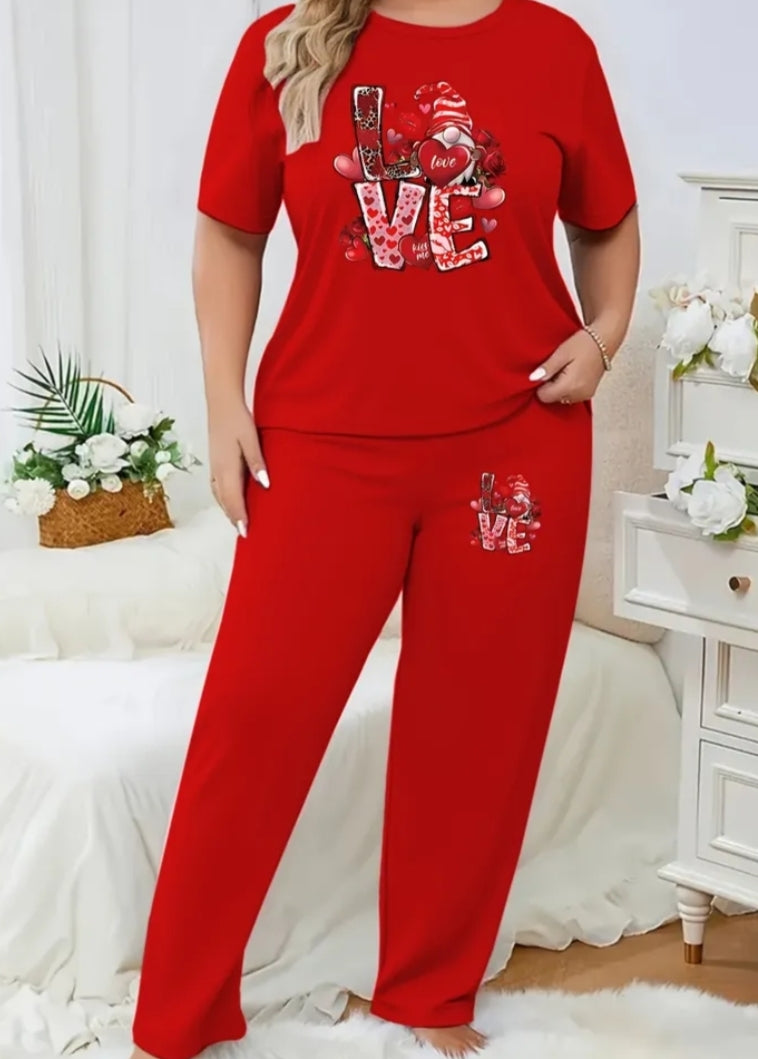 Two-Piece Set Women'S Plus Size Stylish Printed Short-Sleeve Casual Pocket Wide-Leg Pants ,