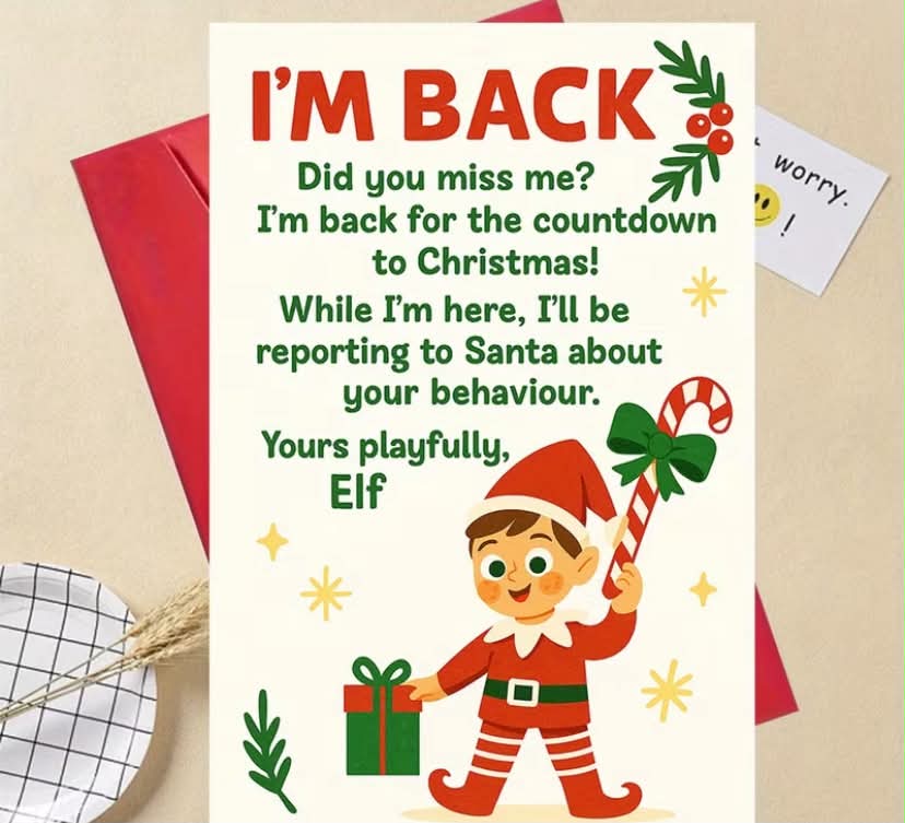 1 pc Greeting Card And 1pc Envelope.  Fun Christmas Elf Greeting Card - "I'M Back"