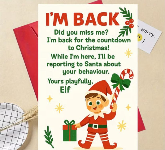 1 pc Greeting Card And 1pc Envelope.  Fun Christmas Elf Greeting Card - "I'M Back"