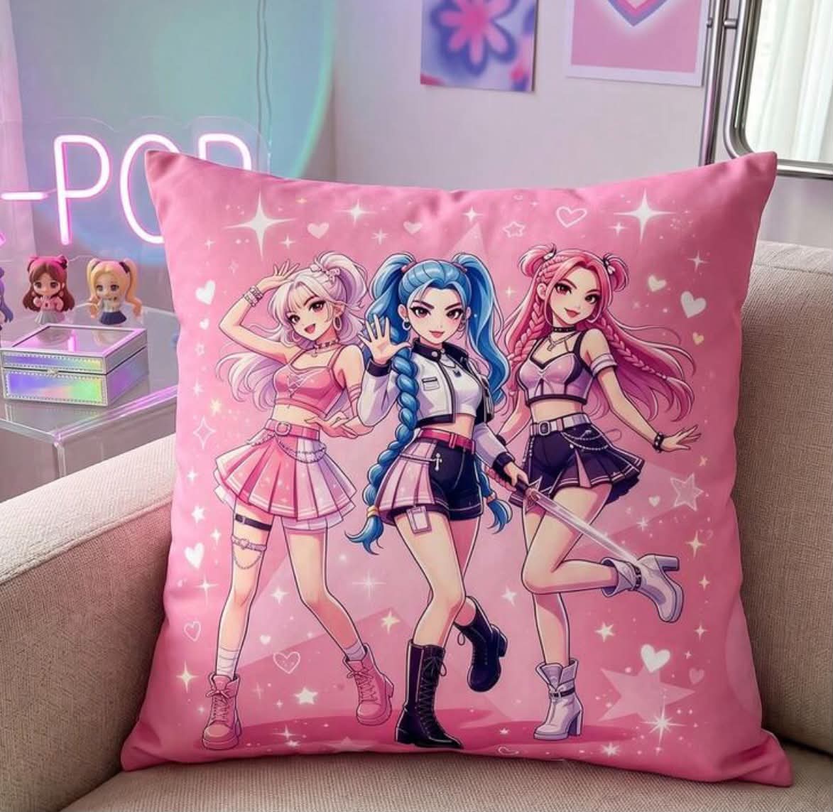 2pc K-POP Pink Print Cushion Cover/Pillowcase (Without Insert), Single-Sided Print, Soft Breathable Skin-Friendly Durable,