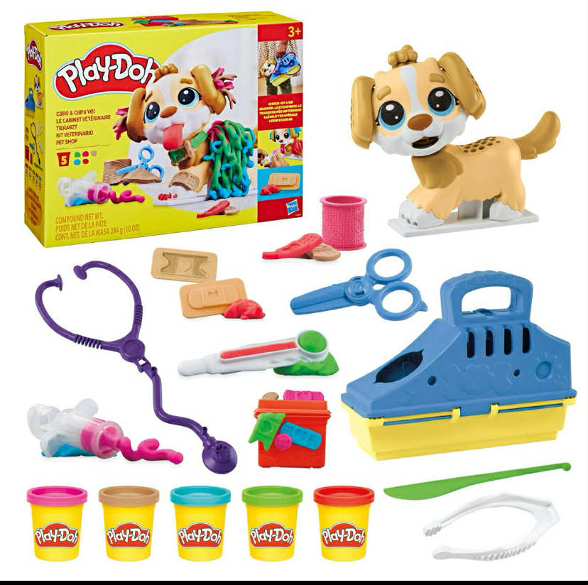Play-Doh Care n Carry Vet Playset with Toy Dog, Carrier, 10 Tools, 5 Colours, Multicolor