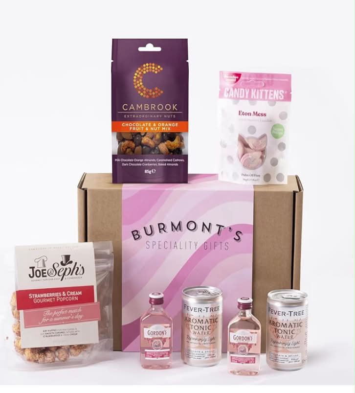 Pink Gin & Tonic and Treats Hamper - Gordon's Gin Miniatures, Fever-Tree Tonics, Cambrook Chocolate Orange Fruit & Nut Mix, Joe & Seph's Popcorn & Candy Kittens - Hamper