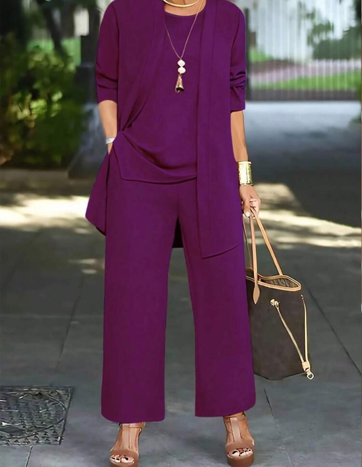3pcs Women Casual Solid Color Outfit Set: Jacket/Cardigan + Round Neck Sleeveless Top + Elastic Waist Straight Leg Pants Elegant