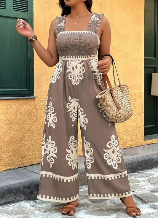 Women's Plus Size Floral Print Sleeveless Jumpsuit with Wide Legs and High Waist - Casual Off-Shoulder