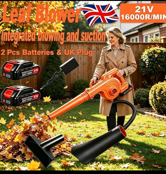 21V Cordless Leaf Blower & Vacuum 2-in-1  Handheld Garden Blower with 2 Batteries, UK Charger & Attachments for Yard, Car & Pet Hair Cleaning