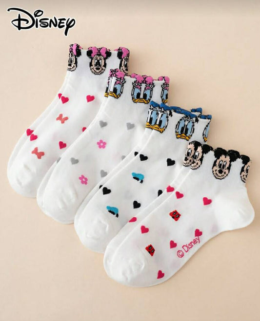 4 Pairs Women's Disney Series Minnie Mickey Heart Floral Pattern Funny Cartoon Crew Socks, Sports Socks