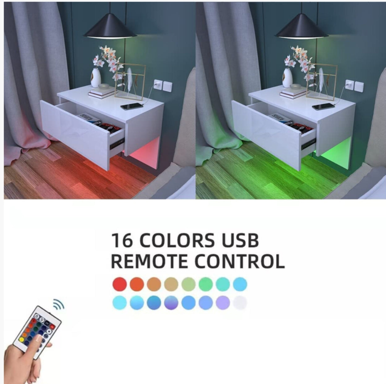 Floating Bedside Table with RGB Light High Gloss White Wall-Mounted