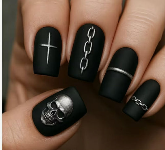 24 pcs Medium-length Square Super A Cool Nail Art, Matte Black Skull Chain Nails, Niche and Unique Gothic Style Nail Art, Detachable Wearable Nails