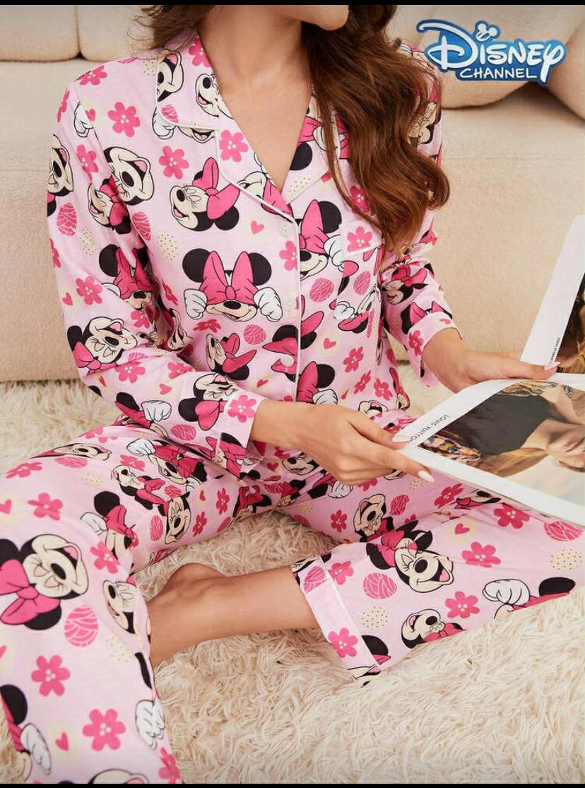 2 pcs Minnie Mouse Cartoon Print Ruffle Trim Top & Pants Women Pajama Set,
