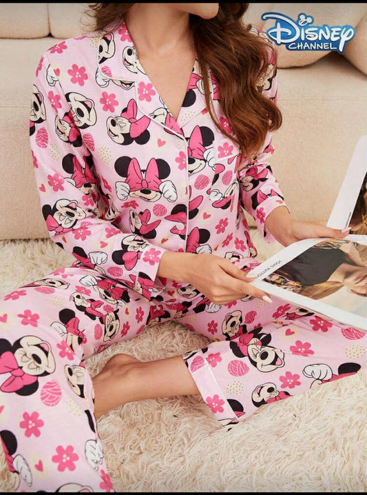 2 pcs Minnie Mouse Cartoon Print Ruffle Trim Top & Pants Women Pajama Set,