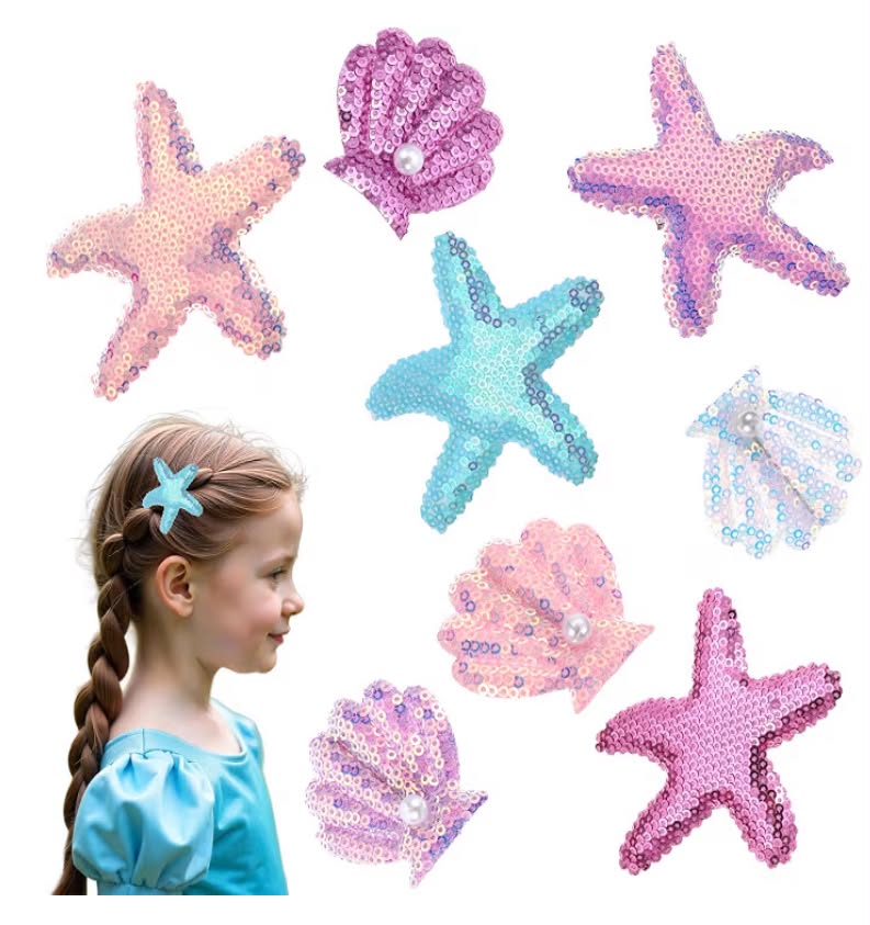 8pcs Starfish Hair Clip,Glitter Starfish Sea Shell Hair Clips