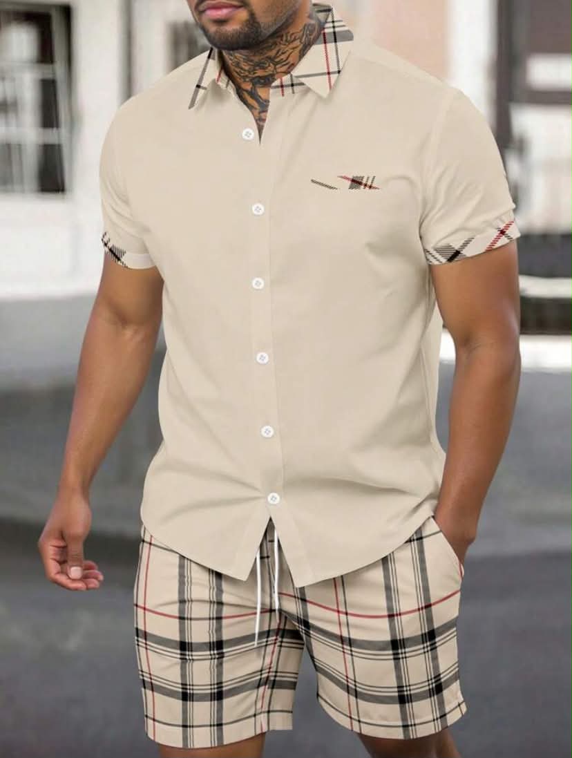 Men's Plaid Print Short Sleeve Shirt And Cargo Shorts 2-Piece Casual Set Men Black Shirt Plaid Trim