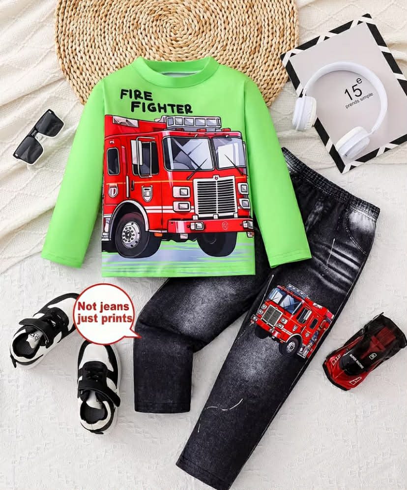 A Set of 2pcs for Boys Featuring a Creatively Print Long-Sleeve T-Shirt with Cartoon Cars And Casual Print Faux Denim-Style Pants