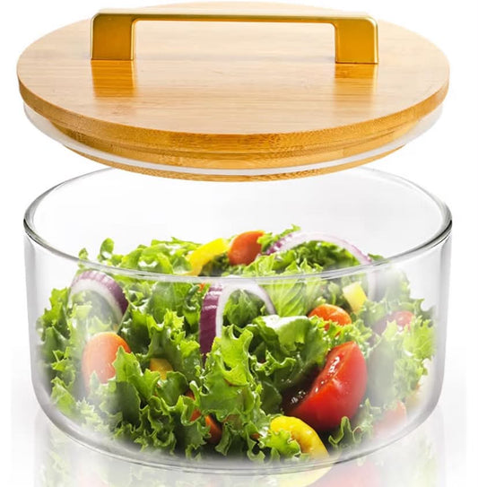 Peohud Glass Trifle Bowl, 2500ml Clear Salad Bowl with Bamboo Lid, Large Dessert Serving Container for Party, Salad, Fruit, Ice Cream, Cake, Microwave Dishwasher Safe