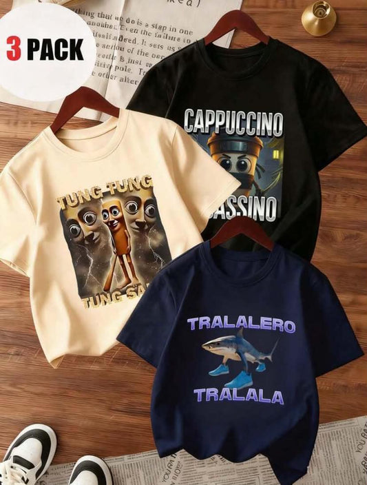 3 pcs Tween Boys' "Italian Brainrot" Graphic Print Crew Neck Short Sleeve T-Shirts, Summer Tops