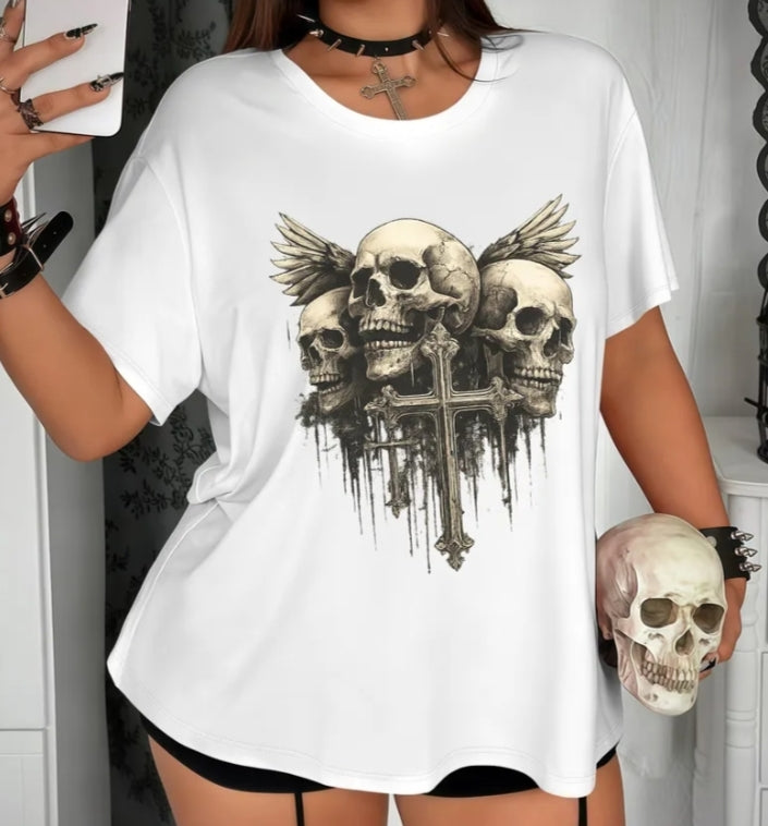 Gothic Short-Sleeved Top Retro Distressed Golden Skull Wings Cross Print Round Neck T-Shirt