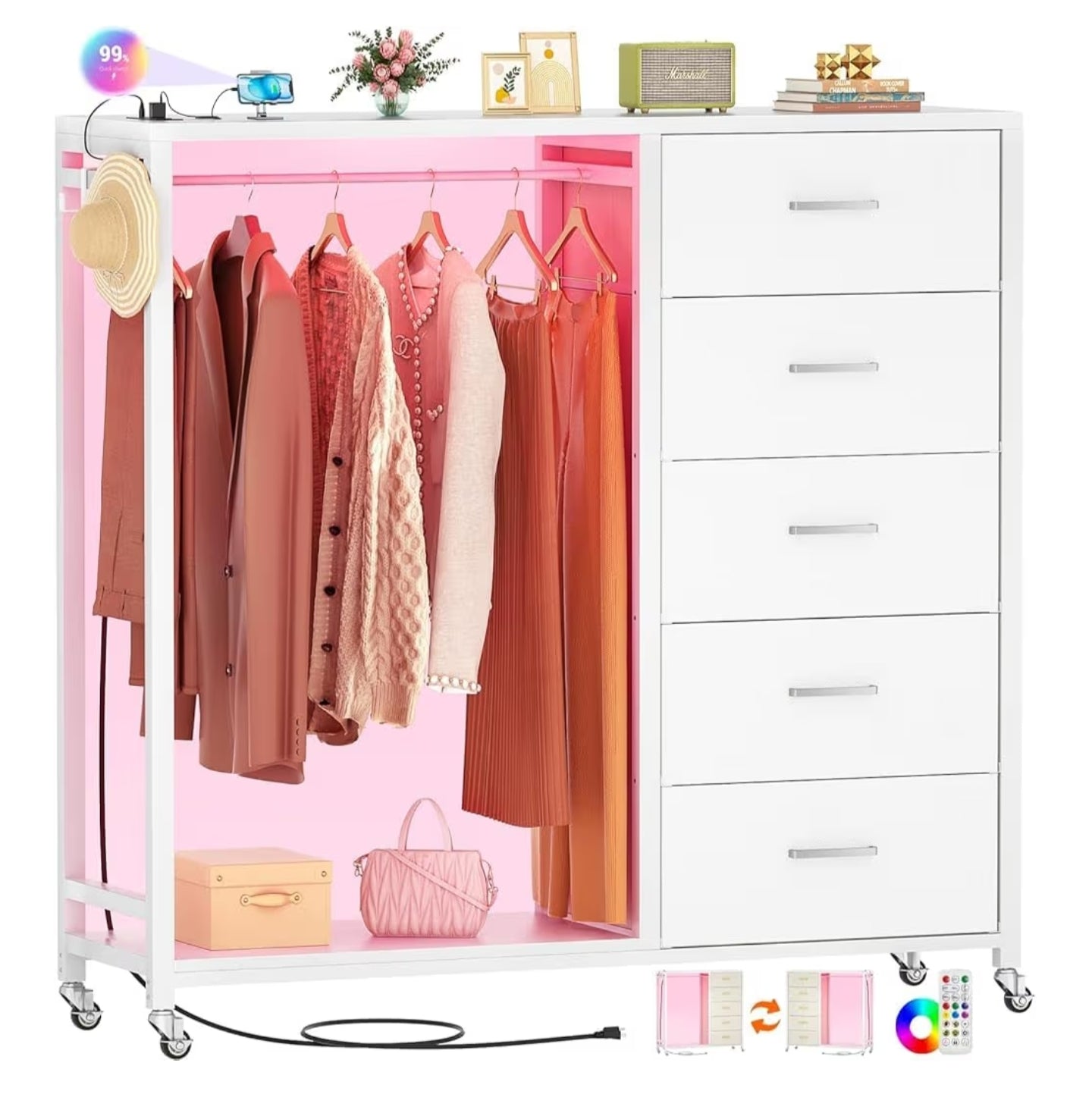 2 in 1 Chest of Drawers, Dresser for Bedroom,5 Fabric Drawers Dresser with LED Lights & Charging Station,Open Wardrobe with Clothes Rack,