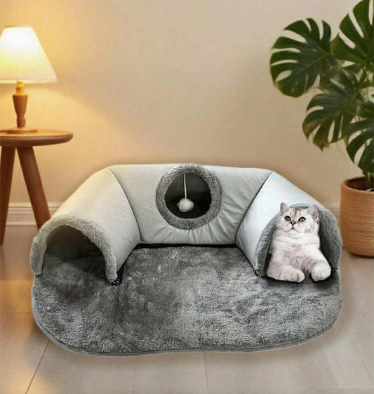 3-In-1 Cozy Cat Tunnel Bed - Play Mat & Warm Nest With Non-Slip Base For Small To Medium Cats, Rabbits & Hamsters
