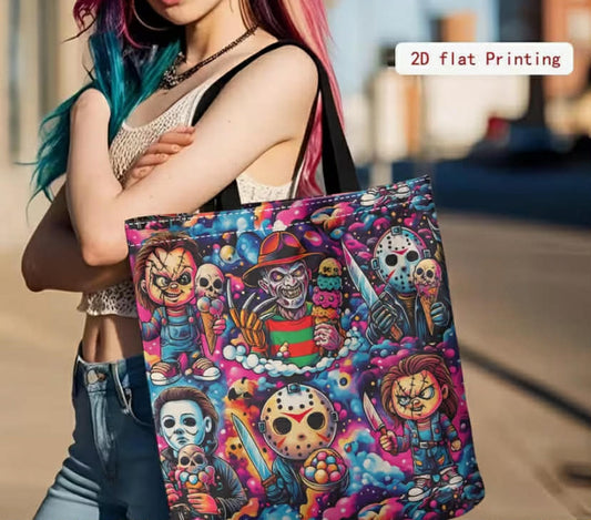 1 pc Creepy Horror Print Shoulder Bag - Colorful Ice Cream & Creepy Themed Tote