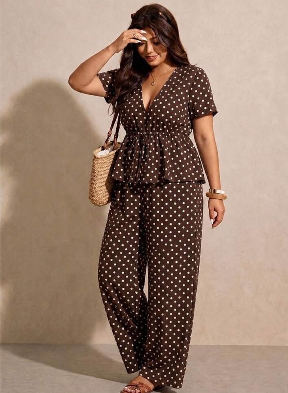 Plus Size Polka Dot Print Drawstring Tie Short Sleeve Top And Loose Long Pants Set