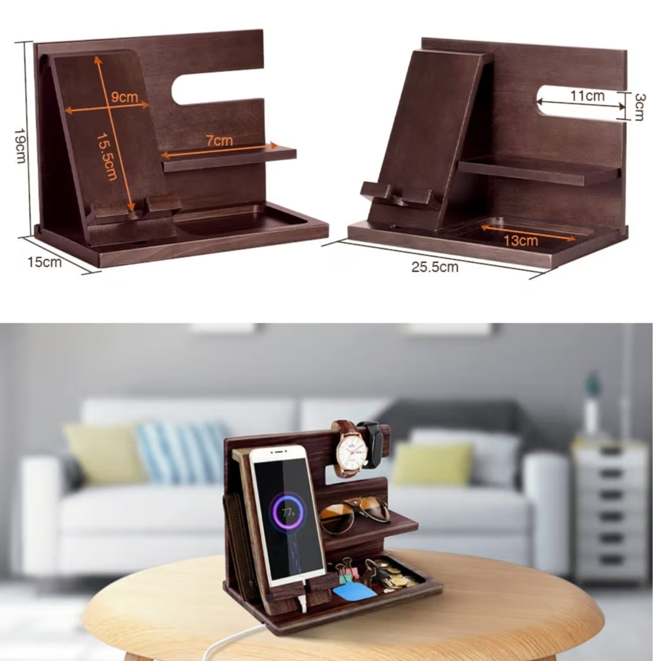 Bedside Organiser Wood Phone Docking Station