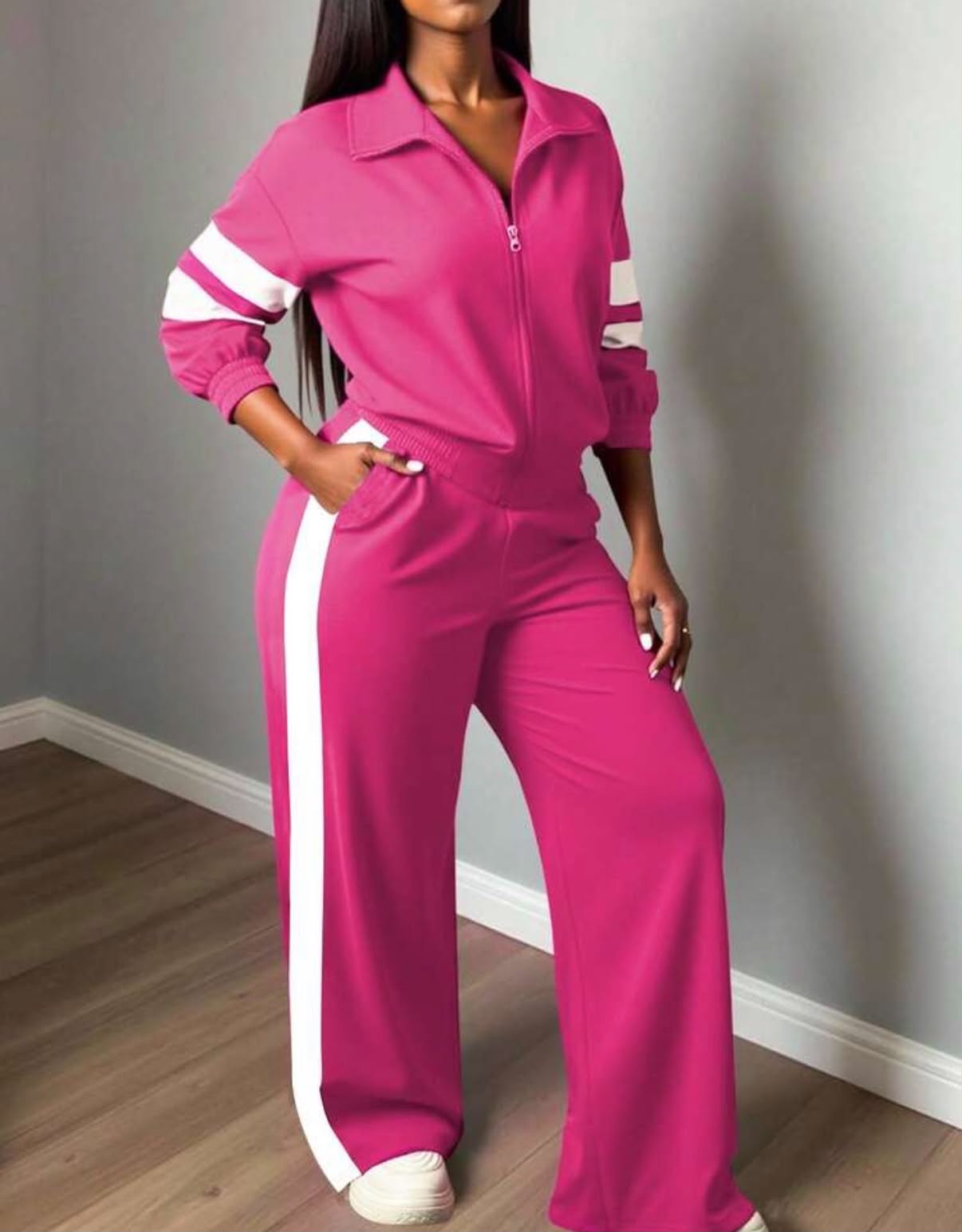 Two Pieces Set, Women Casual Sports Street Wear Stand Collar Zip-Up Long Sleeve Sweatshirt And Straight Leg Pants