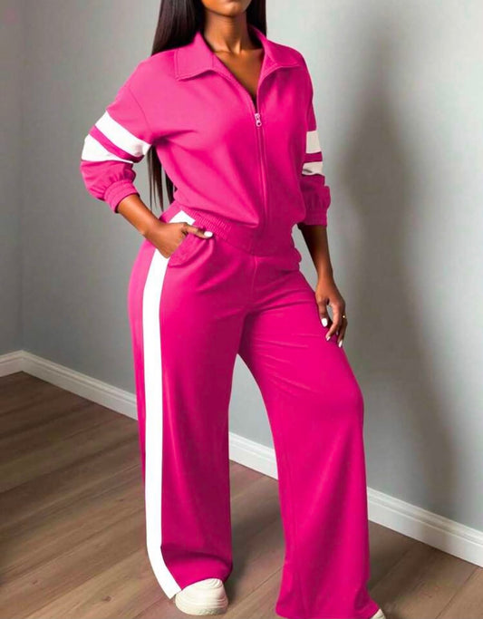 Two Pieces Set, Women Casual Sports Street Wear Stand Collar Zip-Up Long Sleeve Sweatshirt And Straight Leg Pants