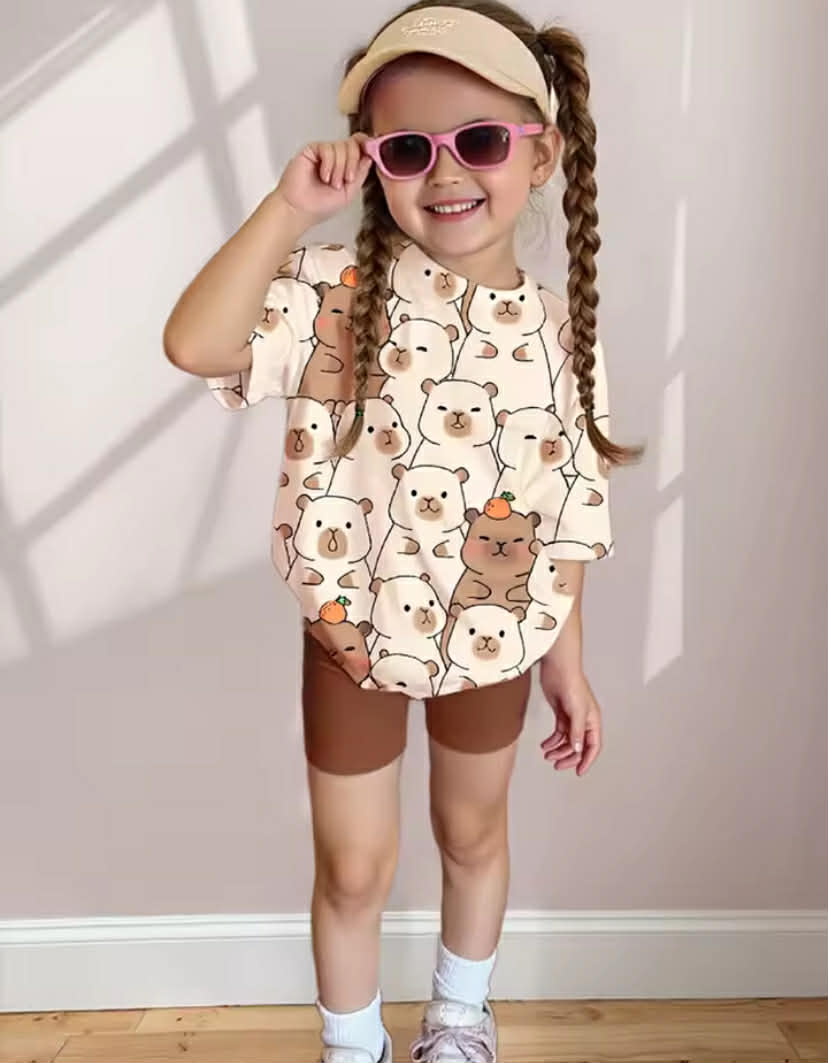 2 Pcs Girls' Summer Shorts Set: Cute Cartoon "Capybara" Short-Sleeve Round Neck Top + Elastic Waist Solid Color