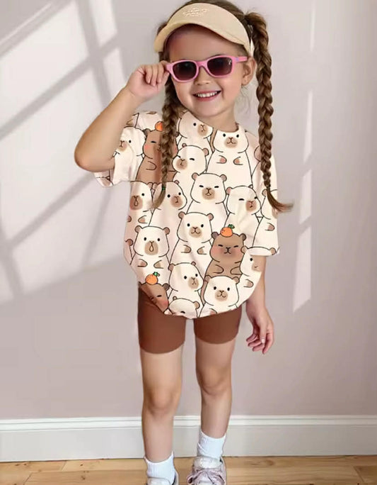 2 Pcs Girls' Summer Shorts Set: Cute Cartoon "Capybara" Short-Sleeve Round Neck Top + Elastic Waist Solid Color