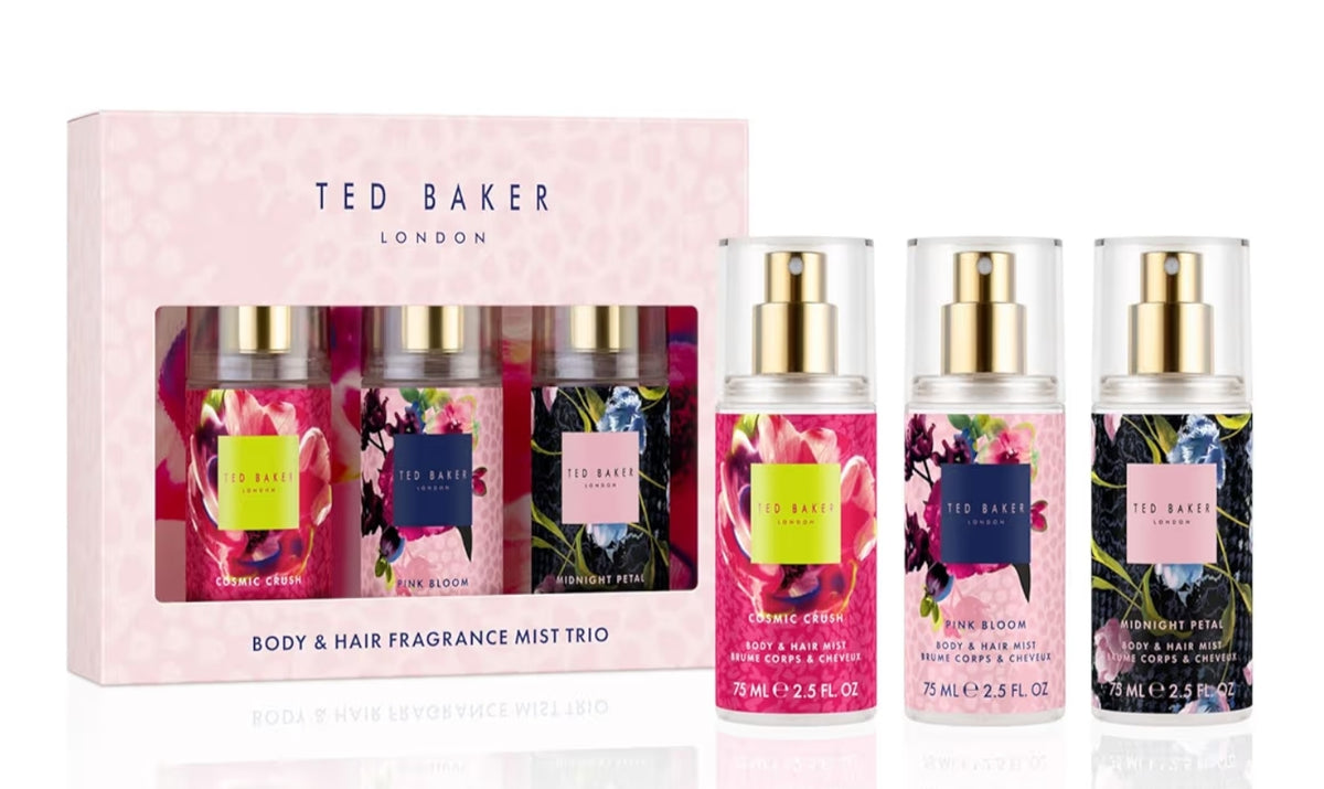Ted Baker Fusion Mini Body & Hair Mist Trio Gift Set, 3x 75ml
Cosmic Crush, Midnight Petal and Pink Bloom, Perfume Body Mist Set, Vegan with Pro Vitamin B5