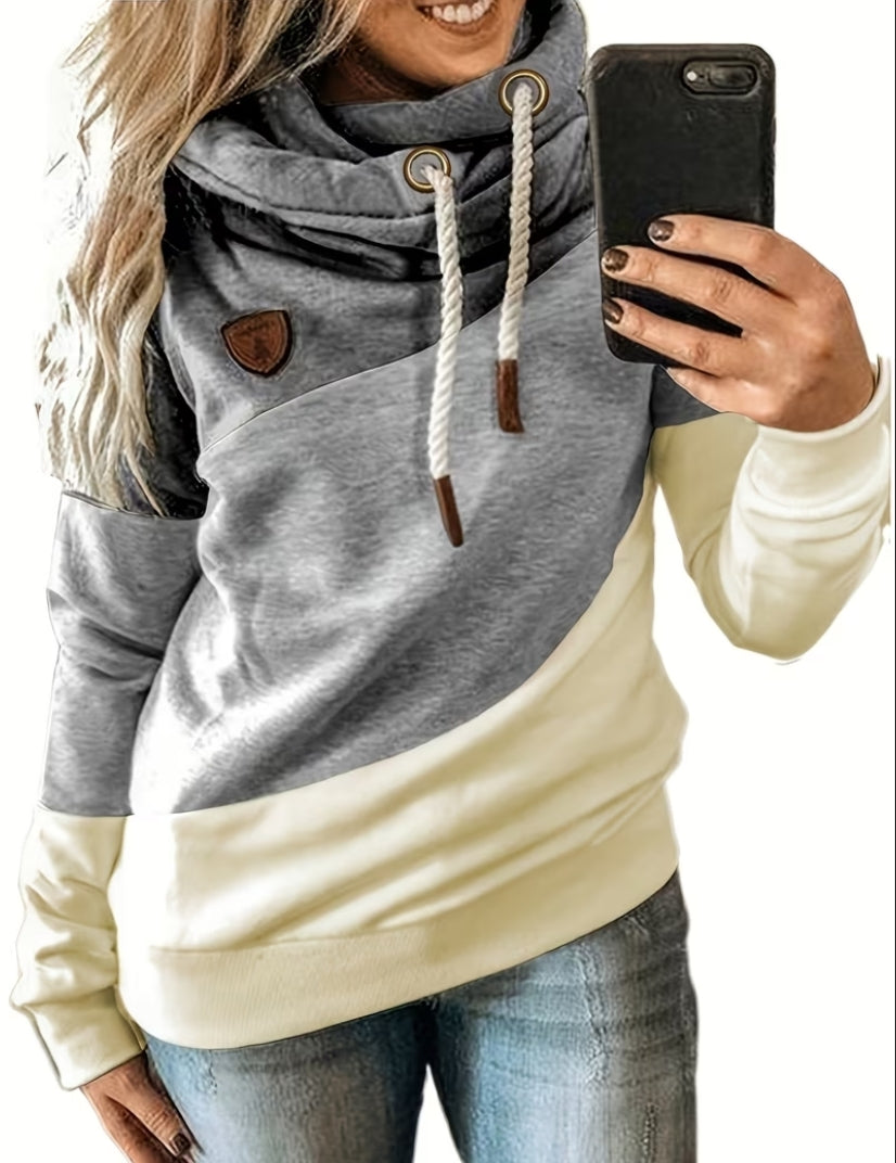 Plus Size - Women Casual Solid Contrast Splice Long Sleeve Strap Tops Casual Pullover Hoodies Sweatshirt