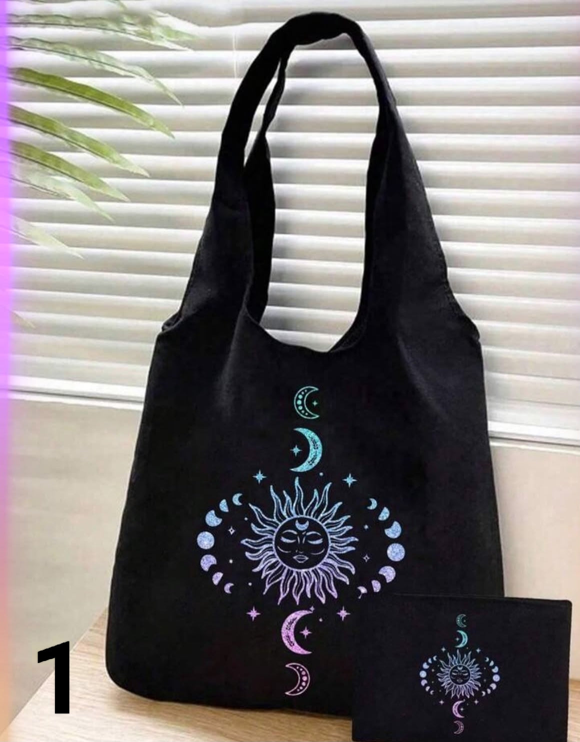 1 pc Pink And Blue Gradient Glitter Sun Moon Star Print Canvas Shoulder Bag,  Black Print Tank Top Tote Bag  Black Small Bag,