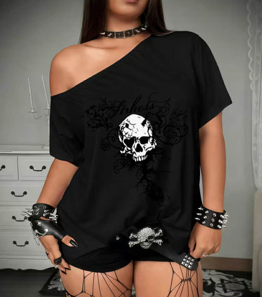 Plus Size Gothic  Off-Shoulder T-Shirt - Skull Print & "Princess" Lettering Top with Scrollwork Suitable for Daily Commute, Casual Gothic Outfits, Short Sleeve Blouse Style Machine Washable Summer Fashion