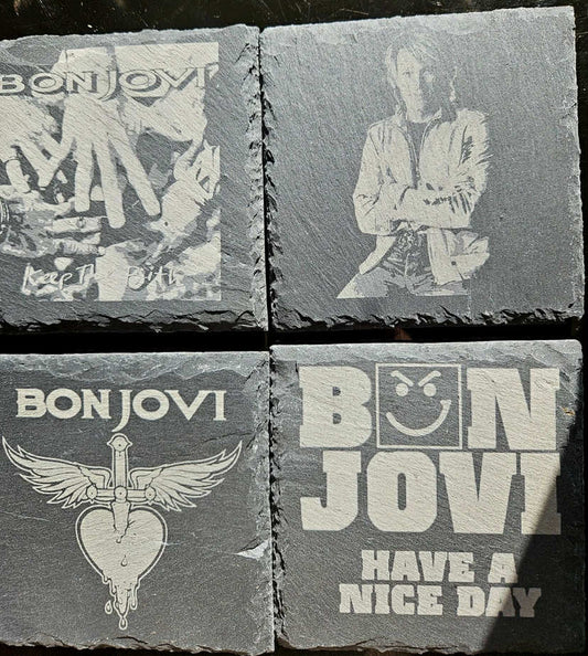 Set of 4 slate Bon Jovi coasters, Rock band, music, drinks, 10x10cm,