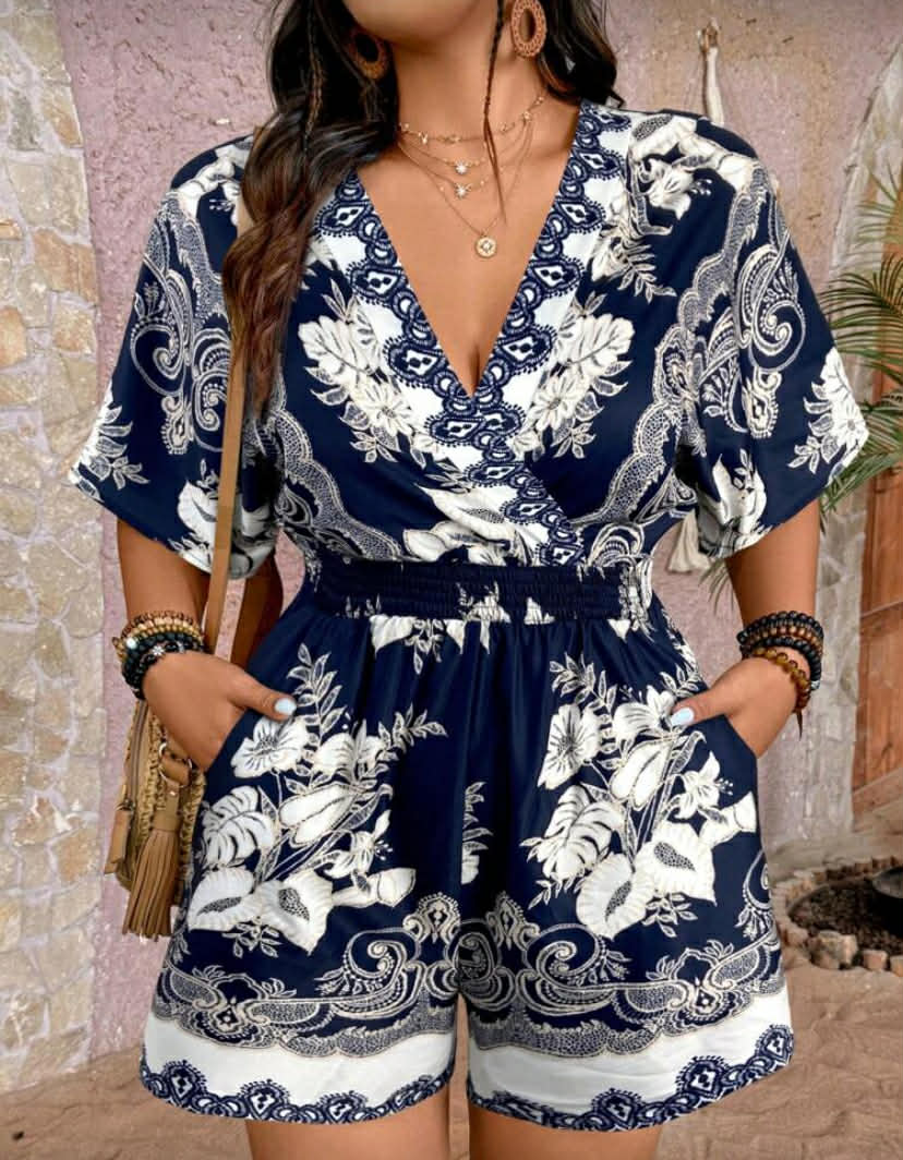 New Black & Gold Batik Print Fashionable Slimming Retro Halter Jumpsuit.