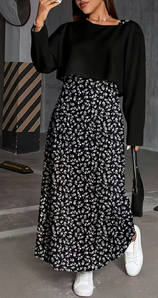 Women'S Two-Piece Set Featuring a Long-Sleeve T-Shirt And a Printed Strap Long Dress in Plus Sizes for Autumn