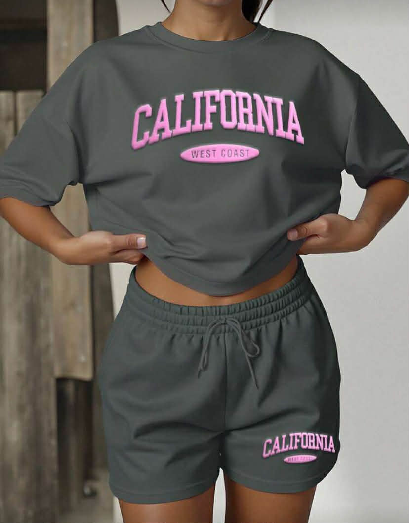 Women Casual Fashion Simple Daily Solid Color Letter Pattern Loose T-Shirt And Shorts 2 Pieces Set